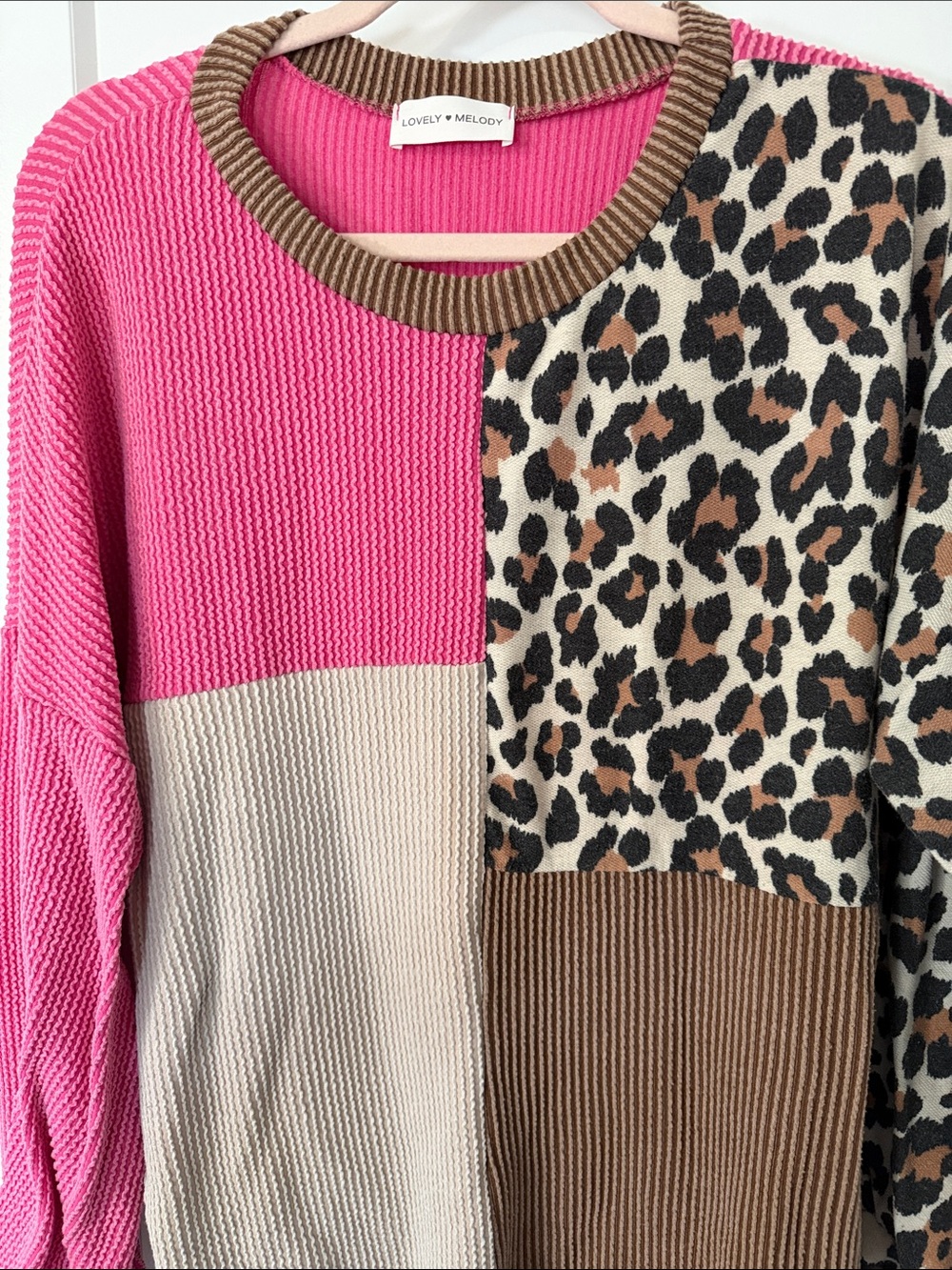 Lovely Melody Pink, Cream & Brown Leopard Block Knit Top - Picture 2 of 7